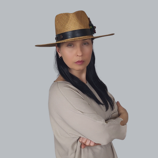 Brown Straw Fedora Hat with Brooch front view