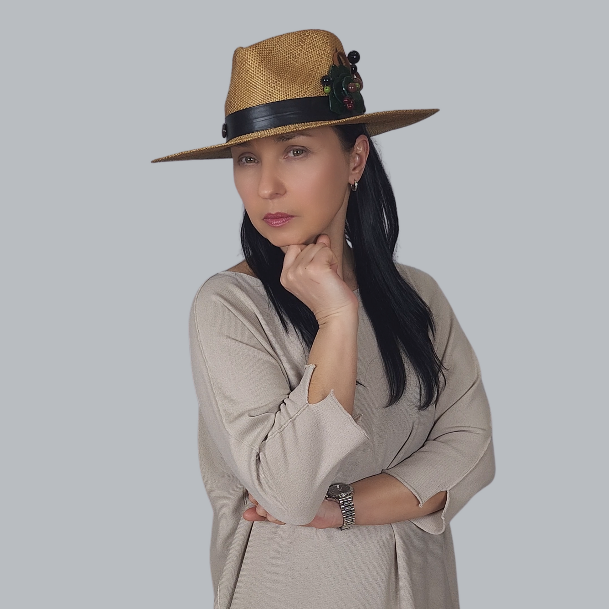Brown Straw Fedora Hat with Brooch in full-face