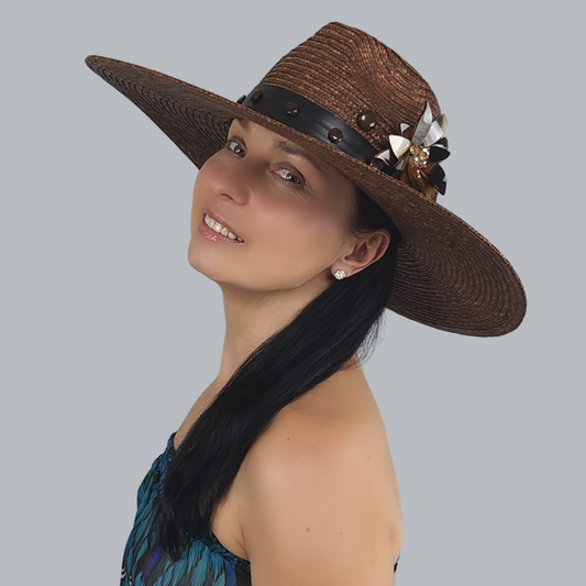 Brown Straw Fedora Hat with Pearl Accent full-face view from below 