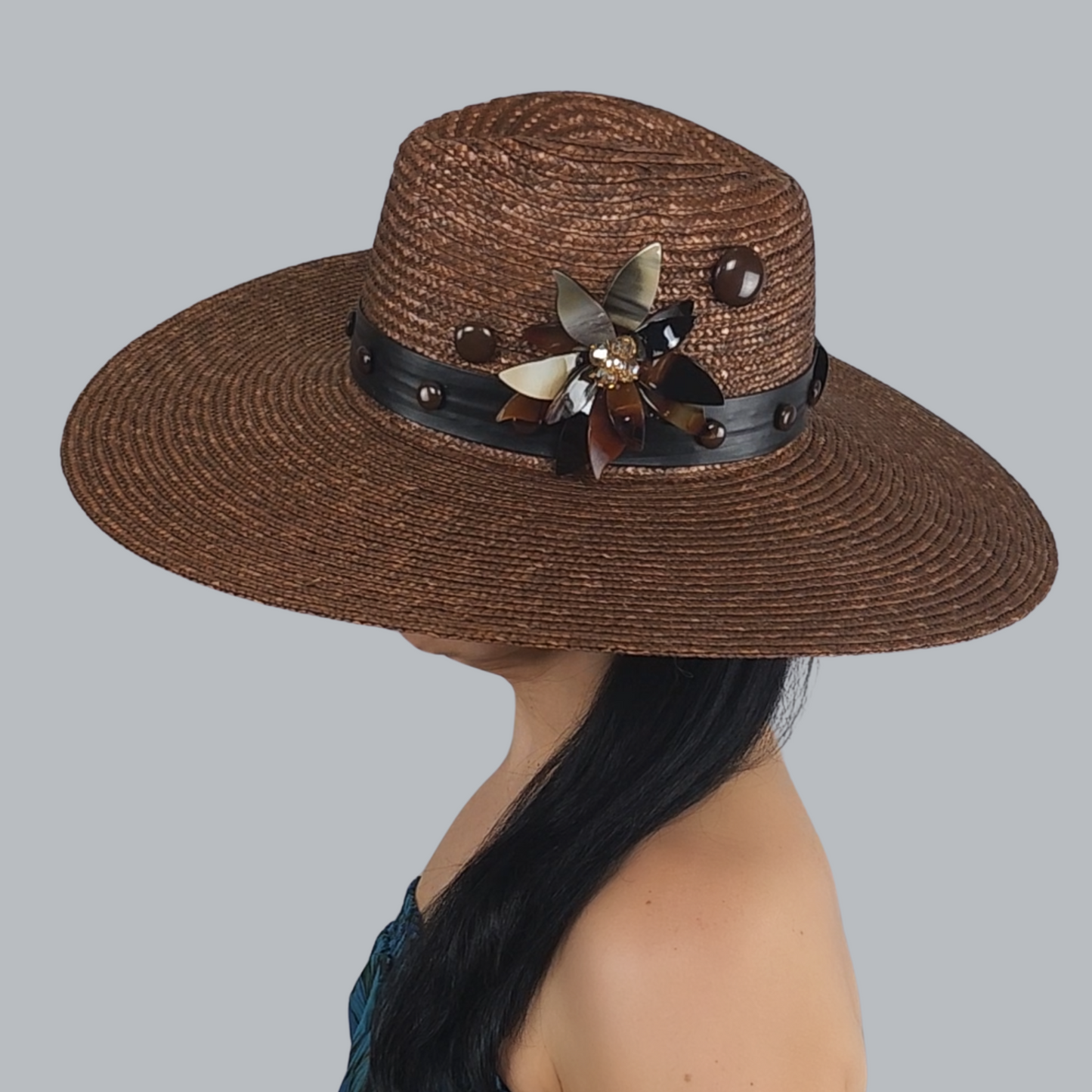 Brown Straw Fedora Hat with Pearl Accent overhead  