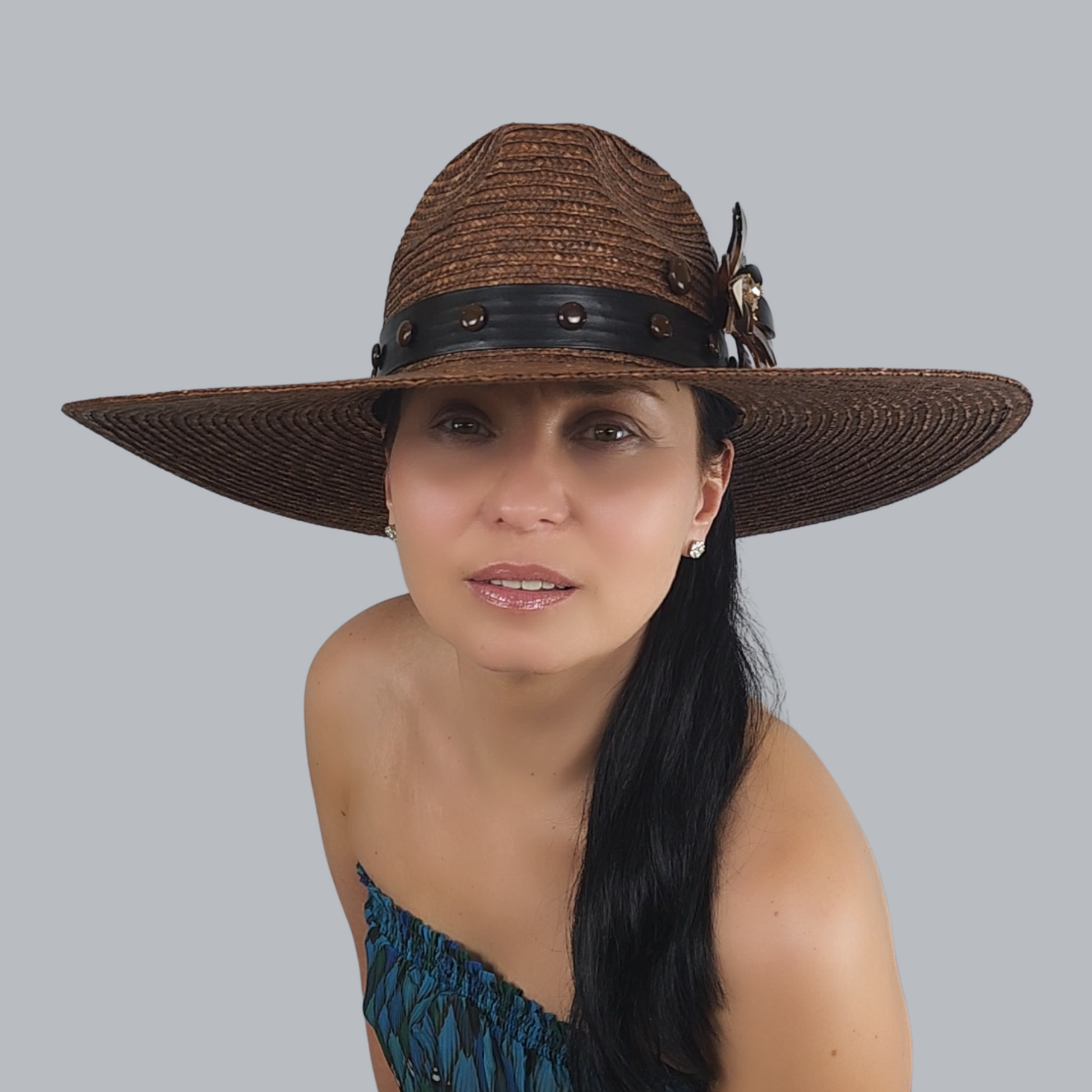 Brown Straw Fedora Hat with Pearl Accent close-up 