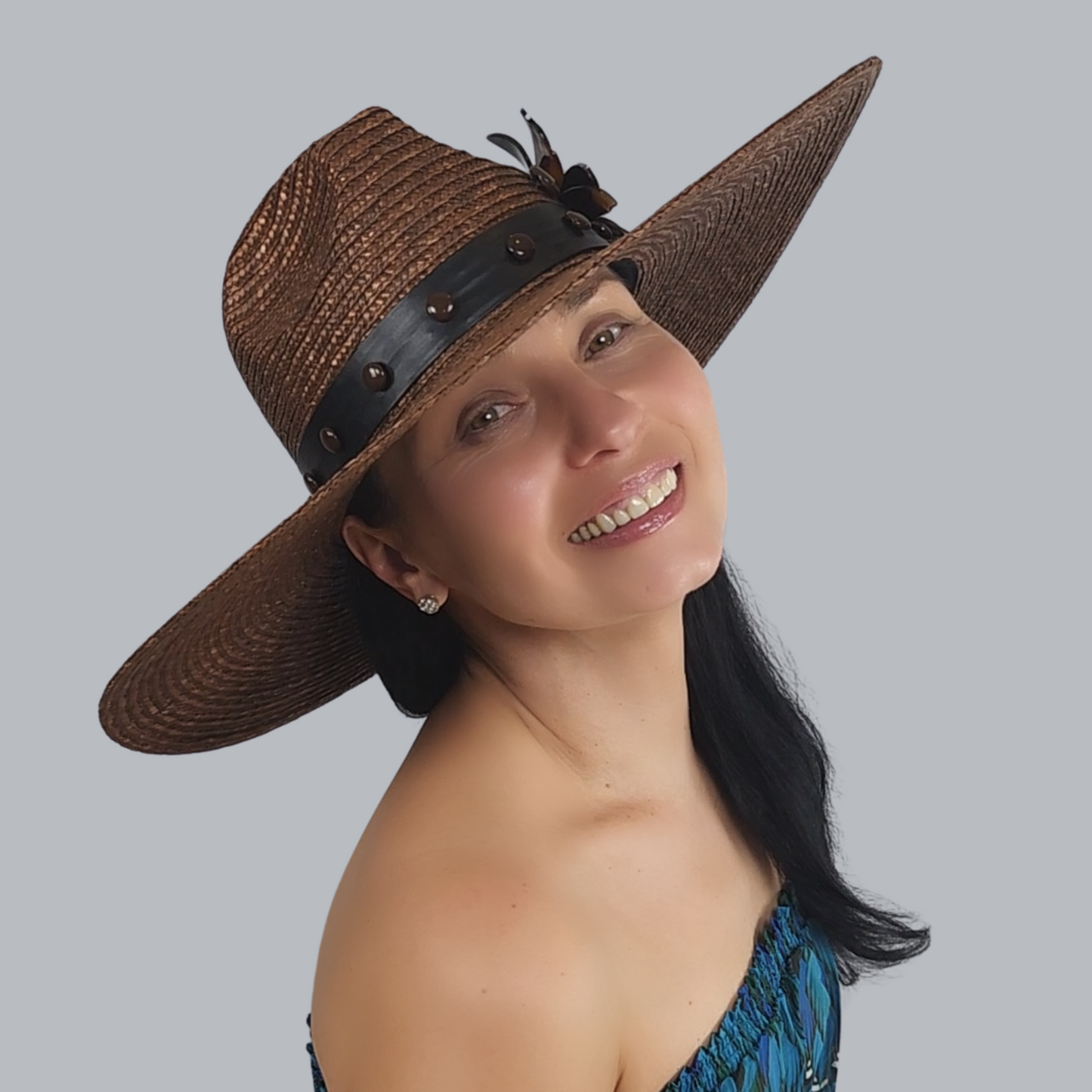 Brown Straw Fedora Hat with Pearl Accent close-up from below 