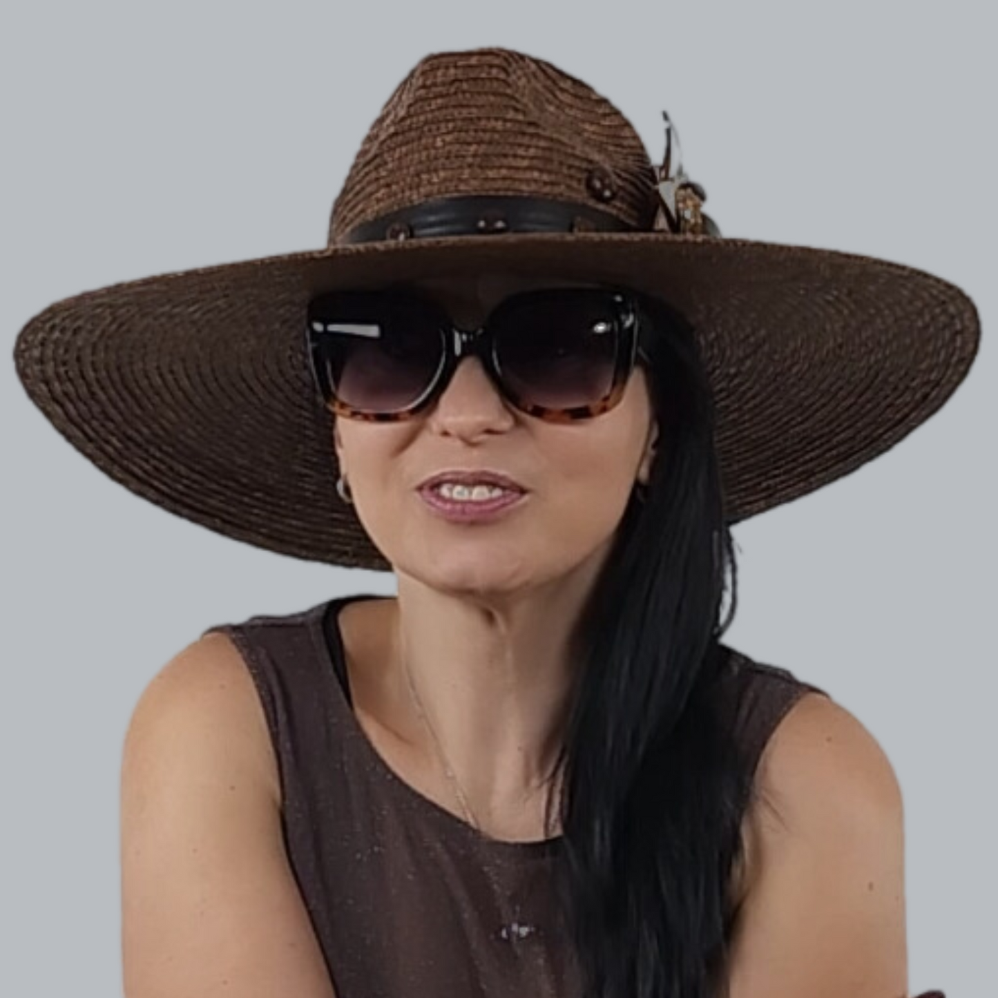 Brown Straw Fedora Hat with Pearl Accent  frontal view