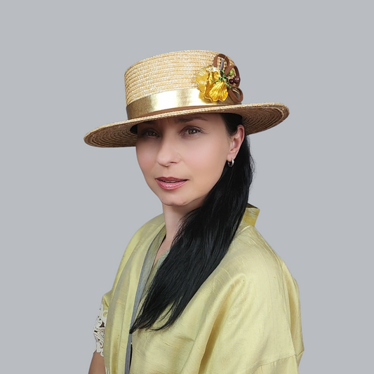 Golden Straw Boater Hat with Brooch full-face view