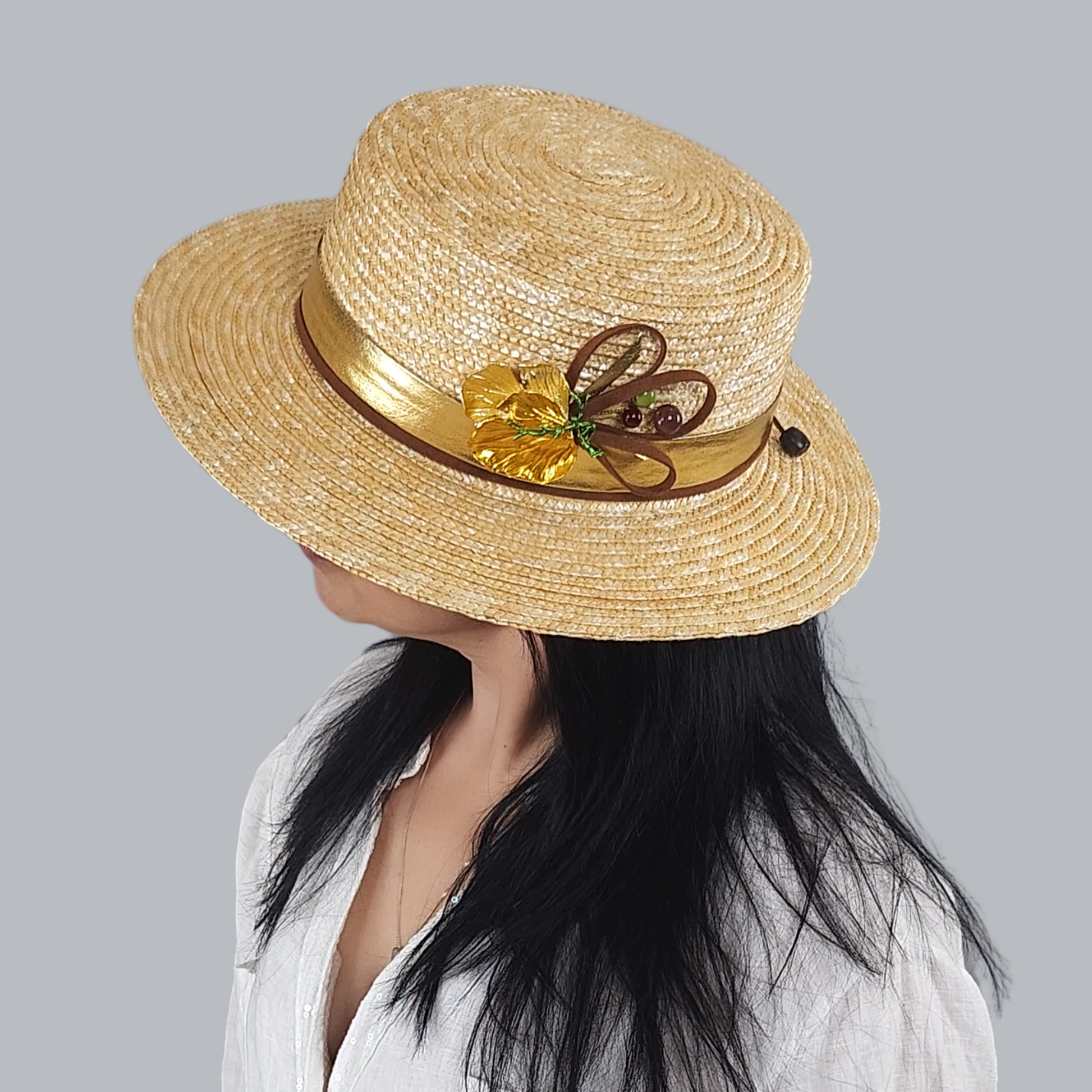 Golden Straw Boater Hat with Brooch – Side View Brooch 