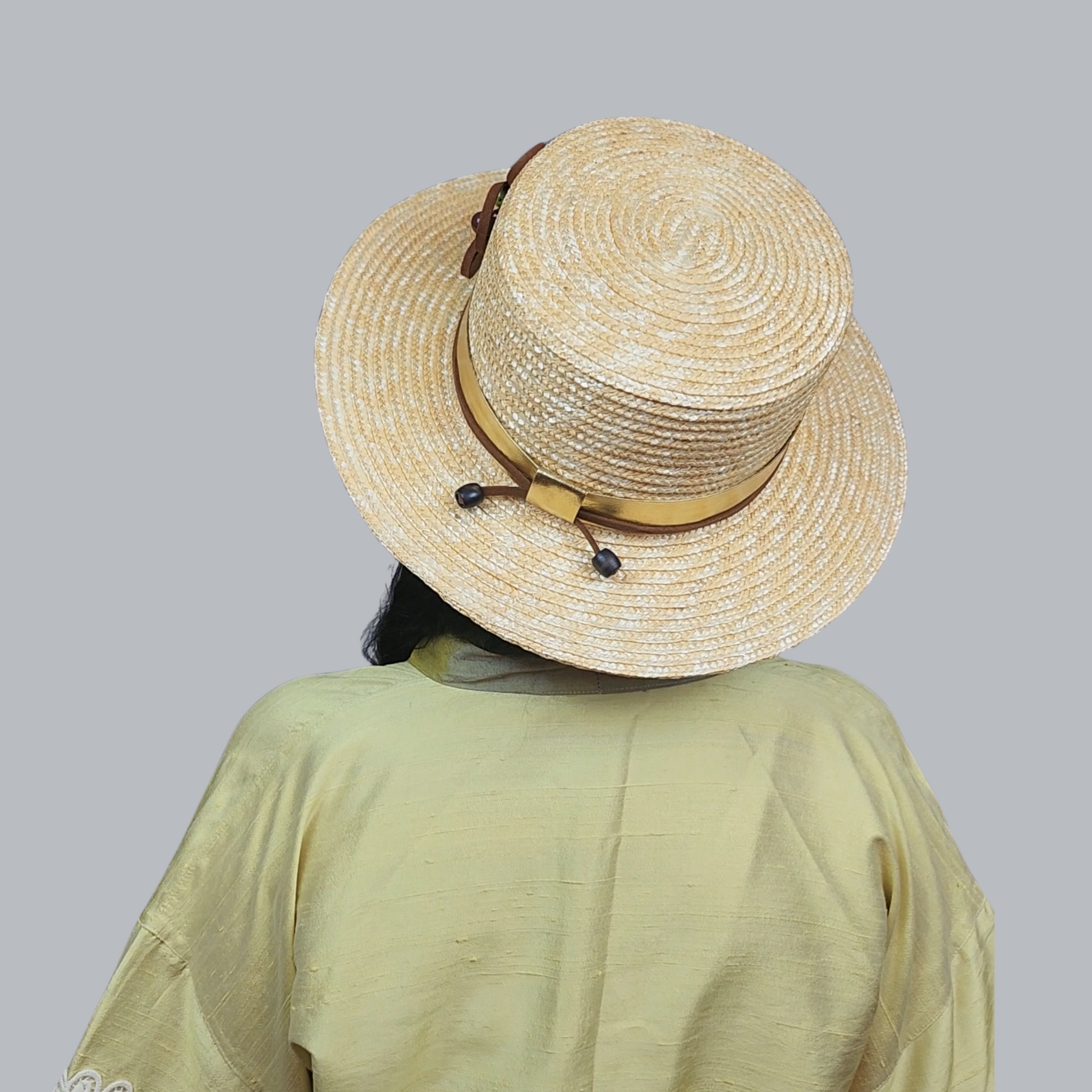 Golden Straw Boater Hat with Brooch – Rear View