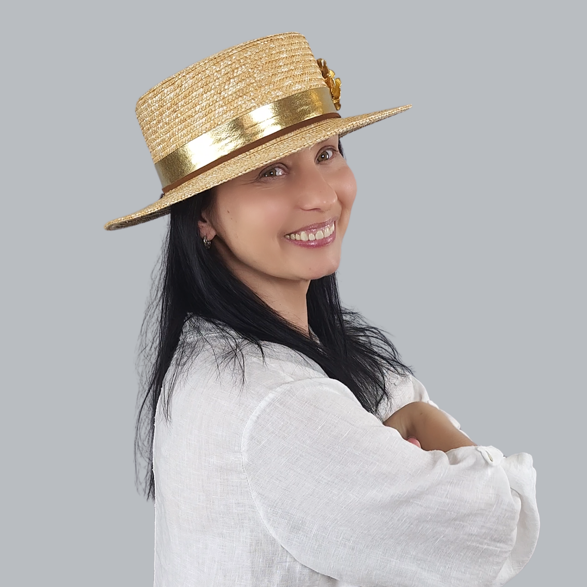 Golden Straw Boater Hat with Brooch full-face view