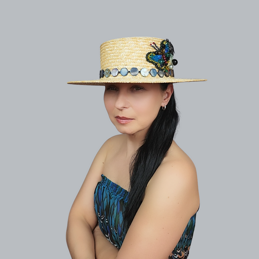 Golden Straw Boater Hat with Butterfly Brooch and Feathers