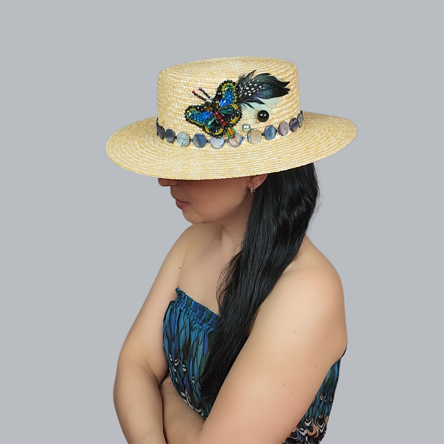 Golden Straw Boater Hat with Butterfly Brooch and Feathers – Side View Brooch
