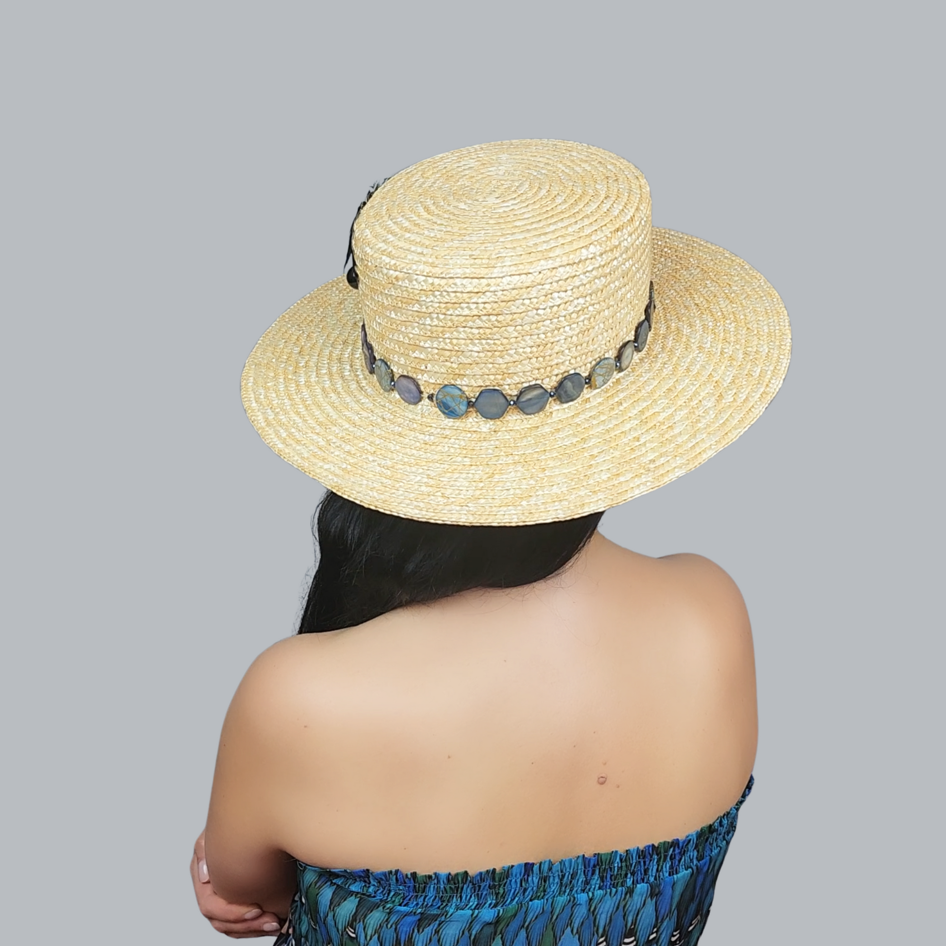 Golden Straw Boater Hat with Butterfly Brooch and Feathers – Rear View