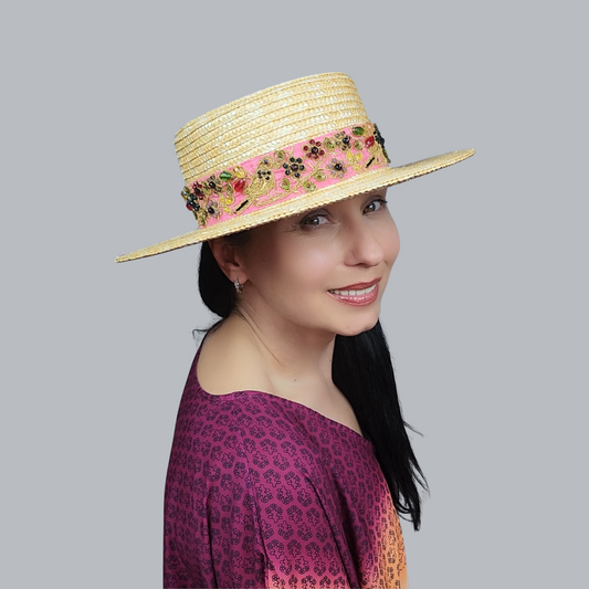 Golden Straw Boater Hat with Organza Ribbon