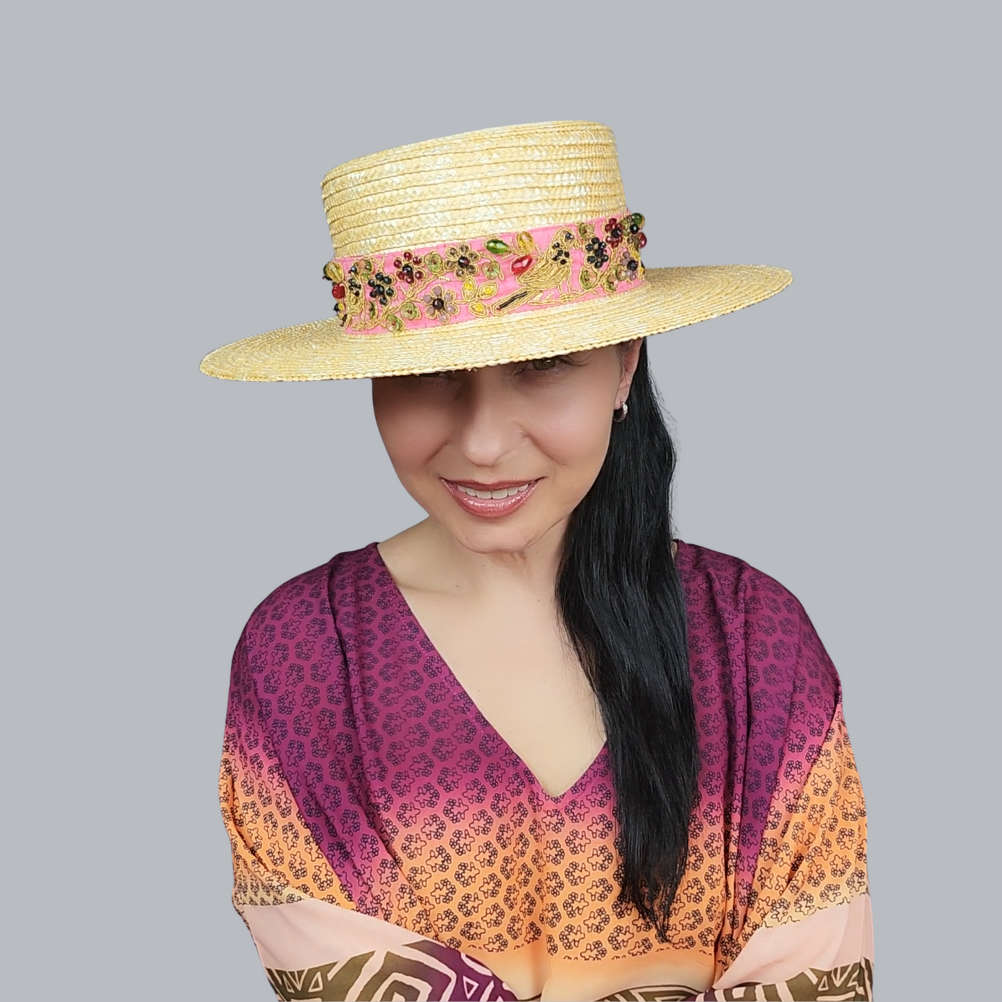 Golden Straw Boater Hat with Organza Ribbon – Front View