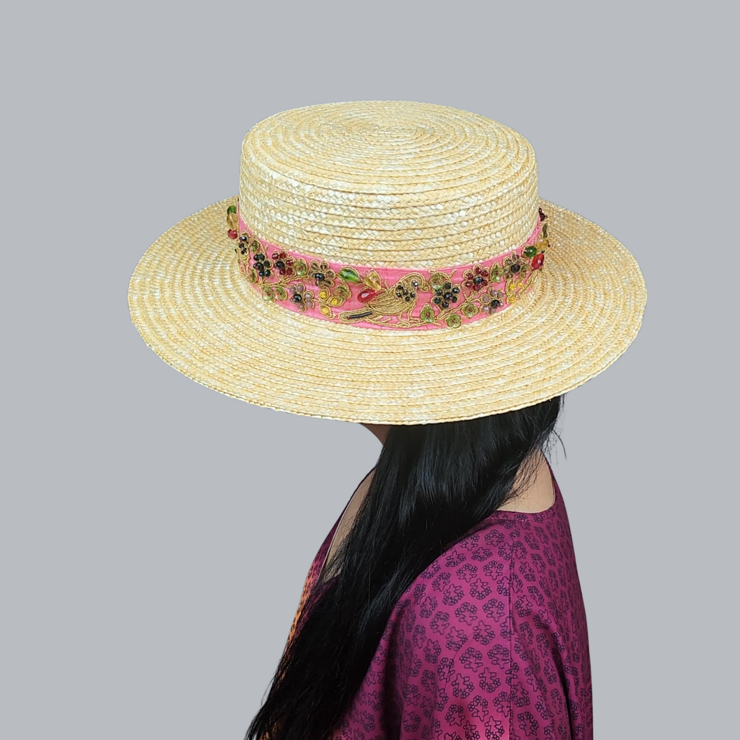 Golden Straw Boater Hat with Organza Ribbon – Side View