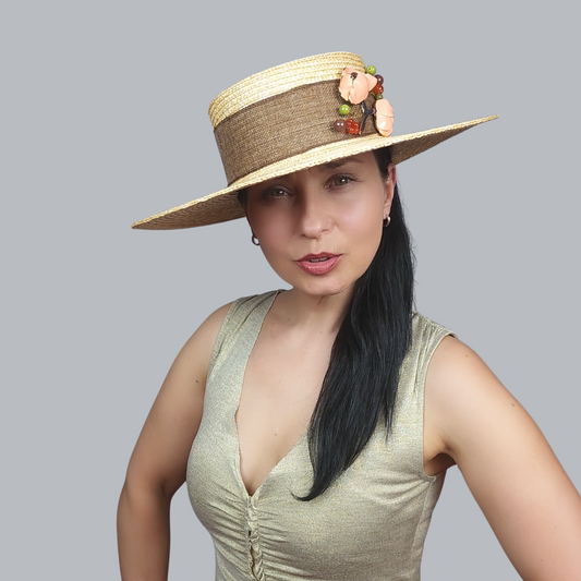 Golden Straw Boater Hat with Pink Flower Brooch