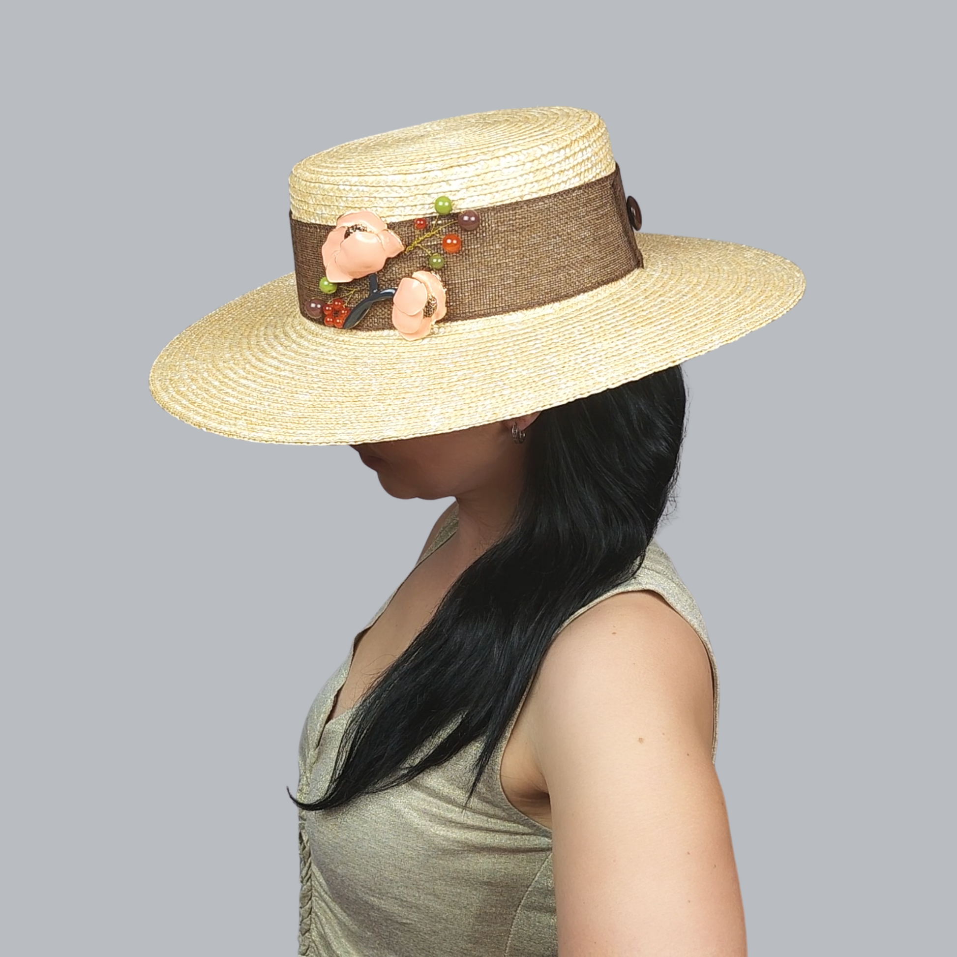 Golden Straw Boater Hat with Pink Flower Brooch – Side View Brooch