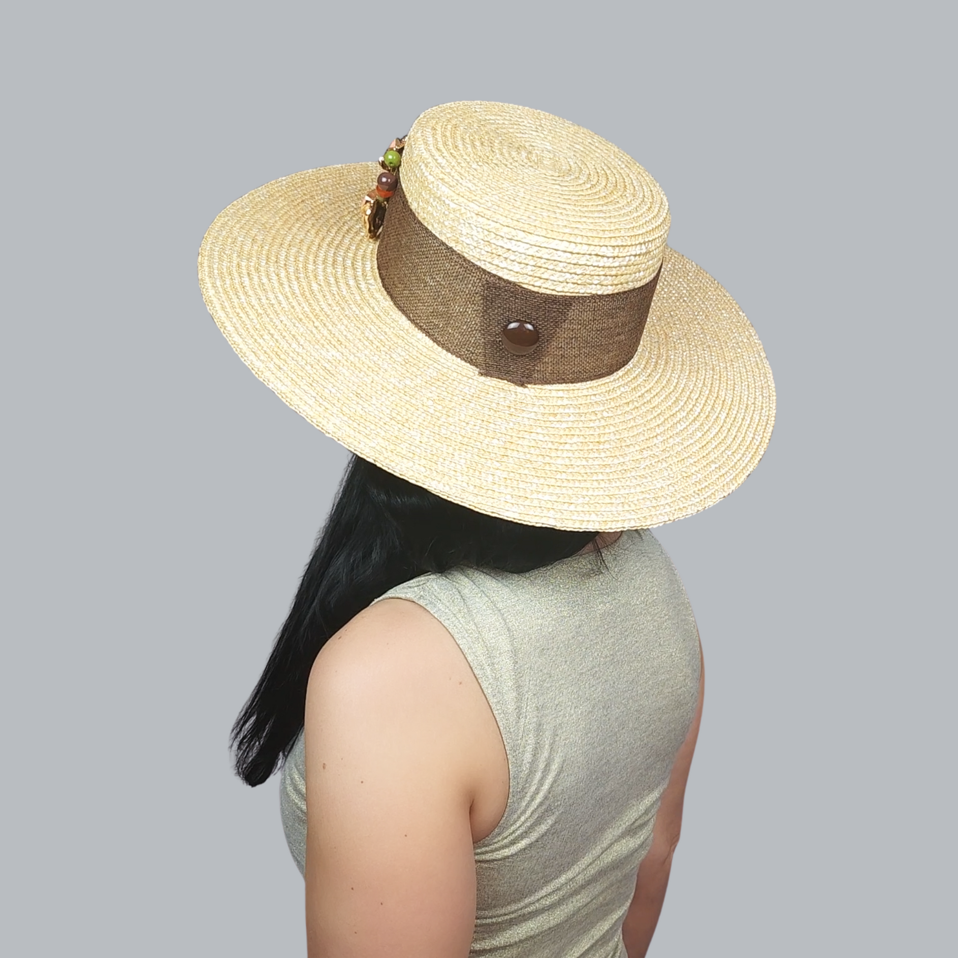 Golden Straw Boater Hat with Pink Flower Brooch – Rear View