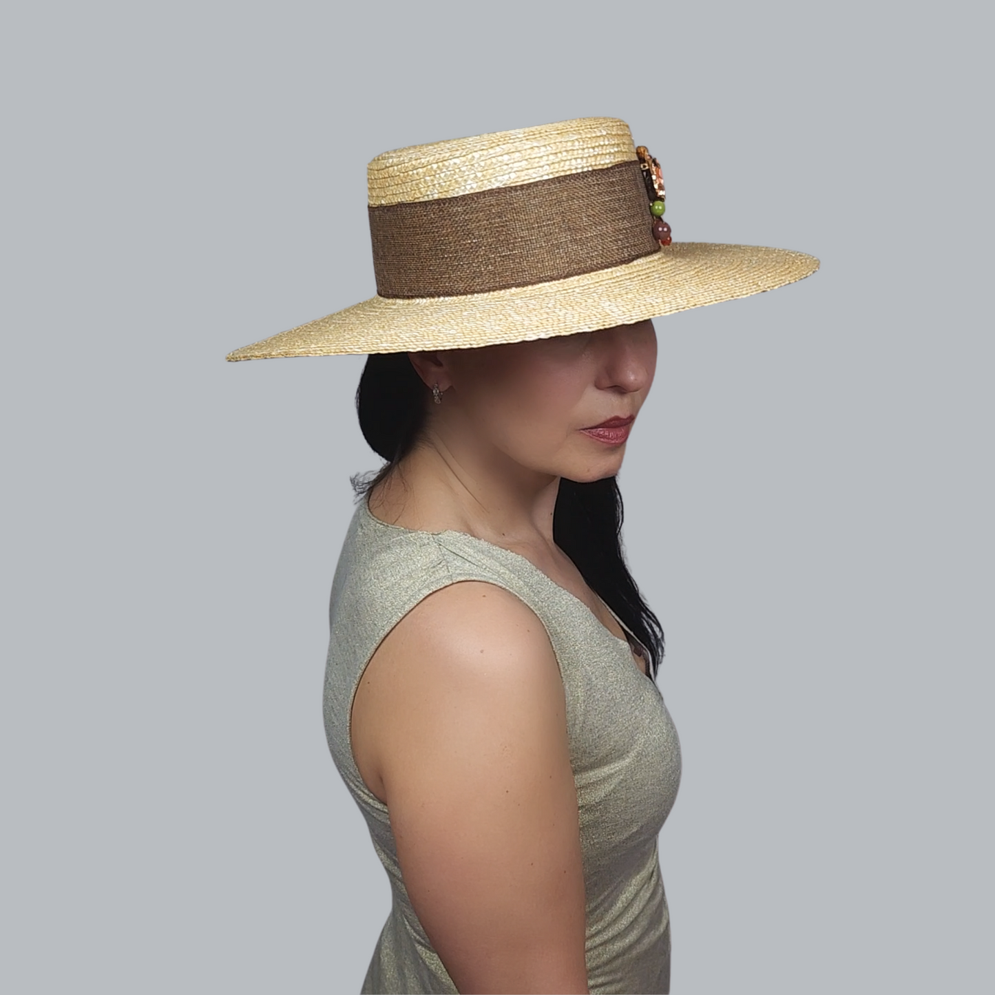 Golden Straw Boater Hat with Pink Flower Brooch – Side View Tape