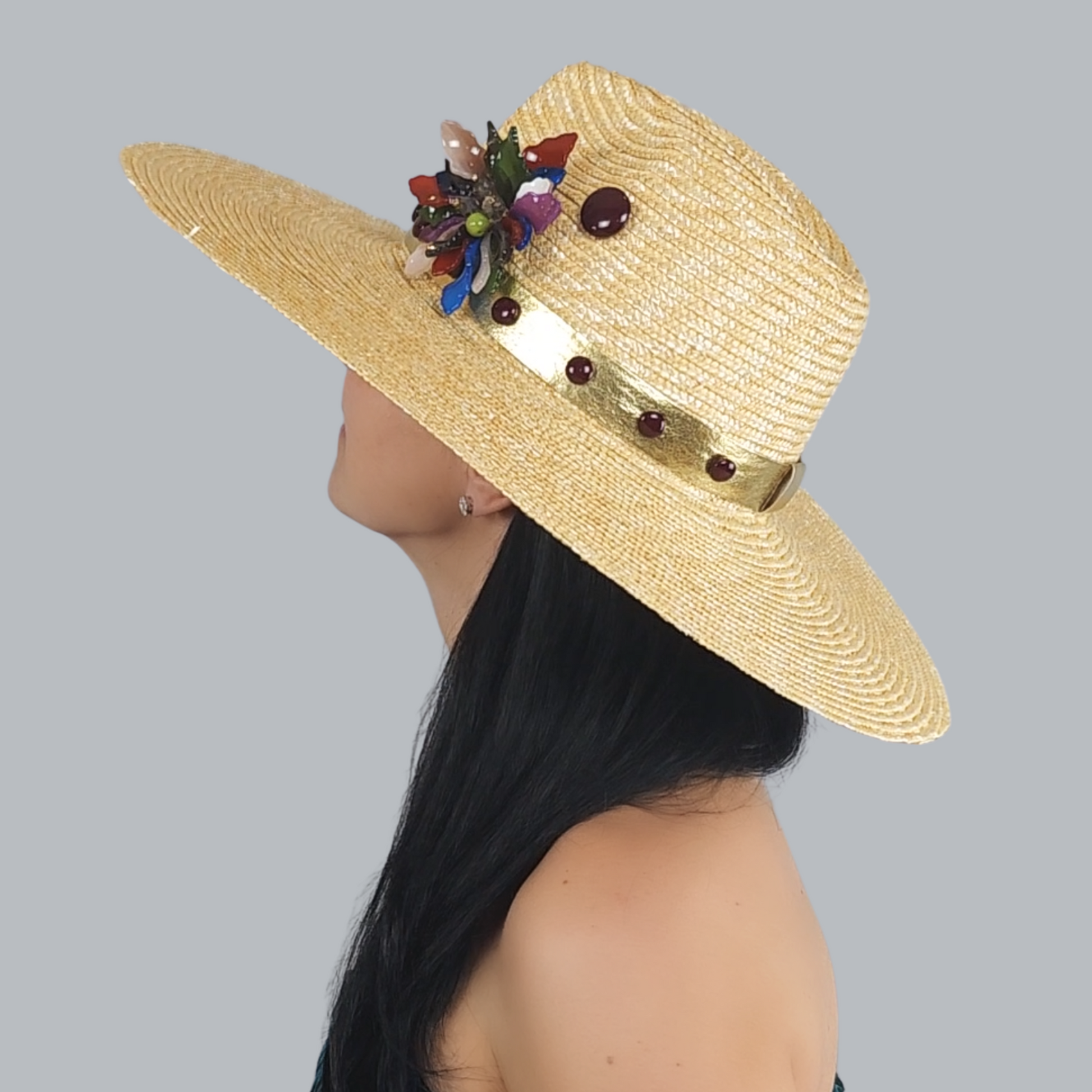 Golden Straw Fedora Hat with Flower Brooch side and rear view