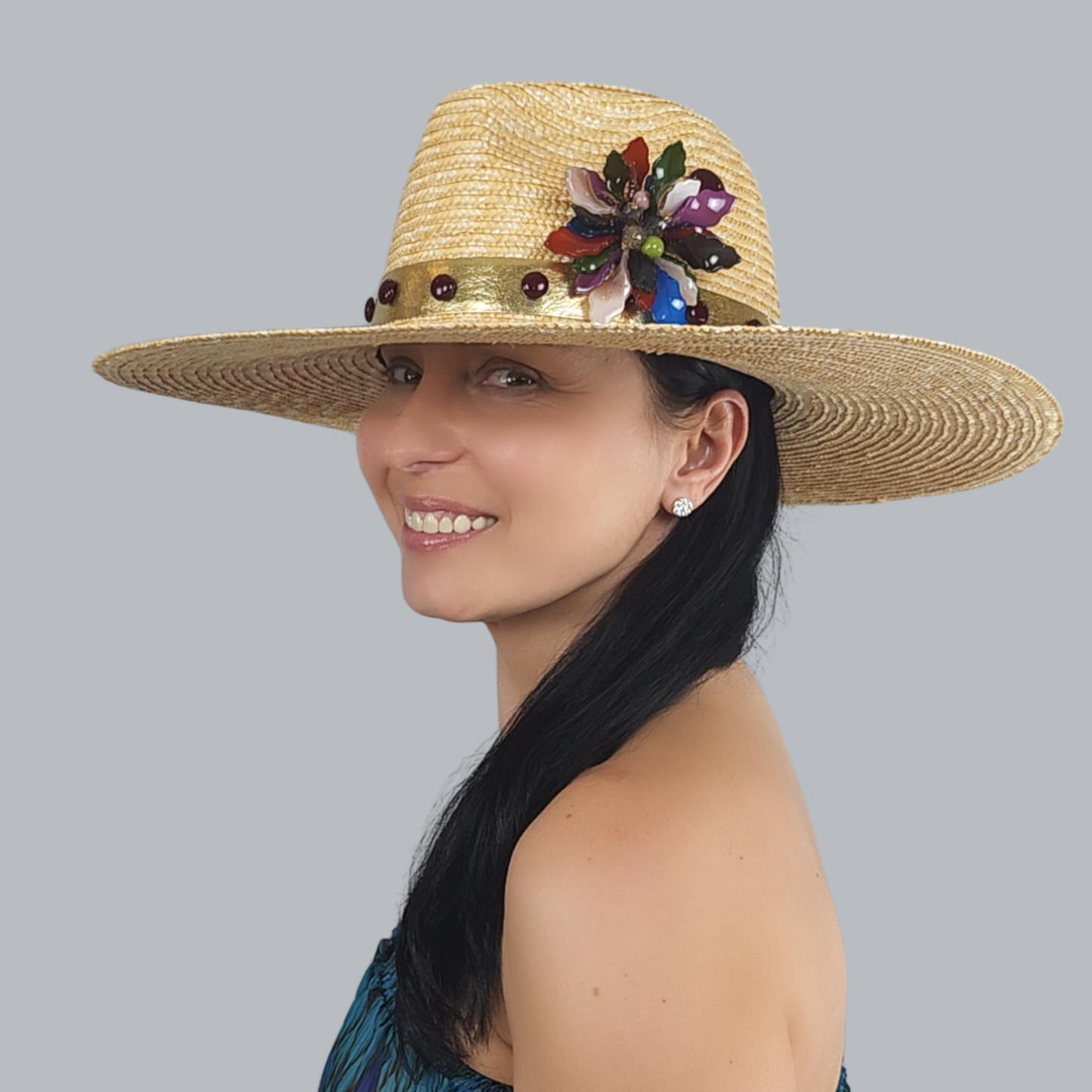 Golden Straw Fedora Hat with Flower Brooch side view close up  