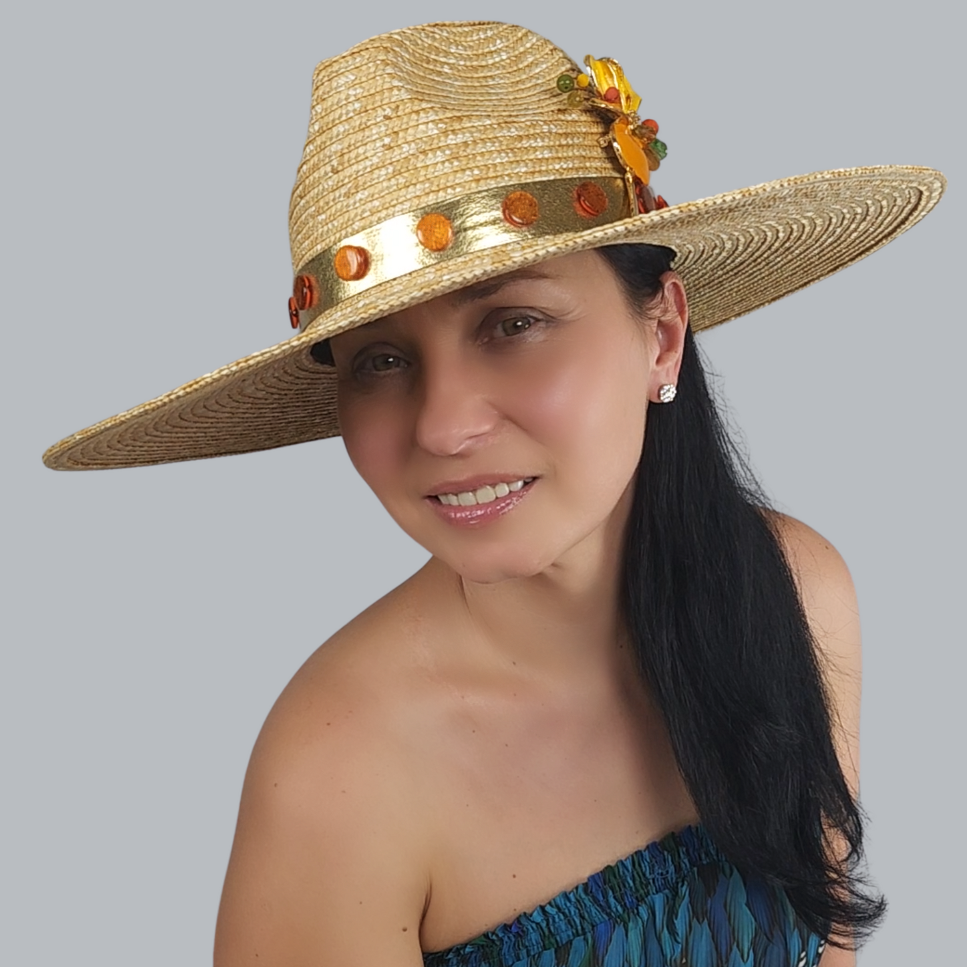Golden Straw Fedora Hat with Yellow Flower Brooch full-face view