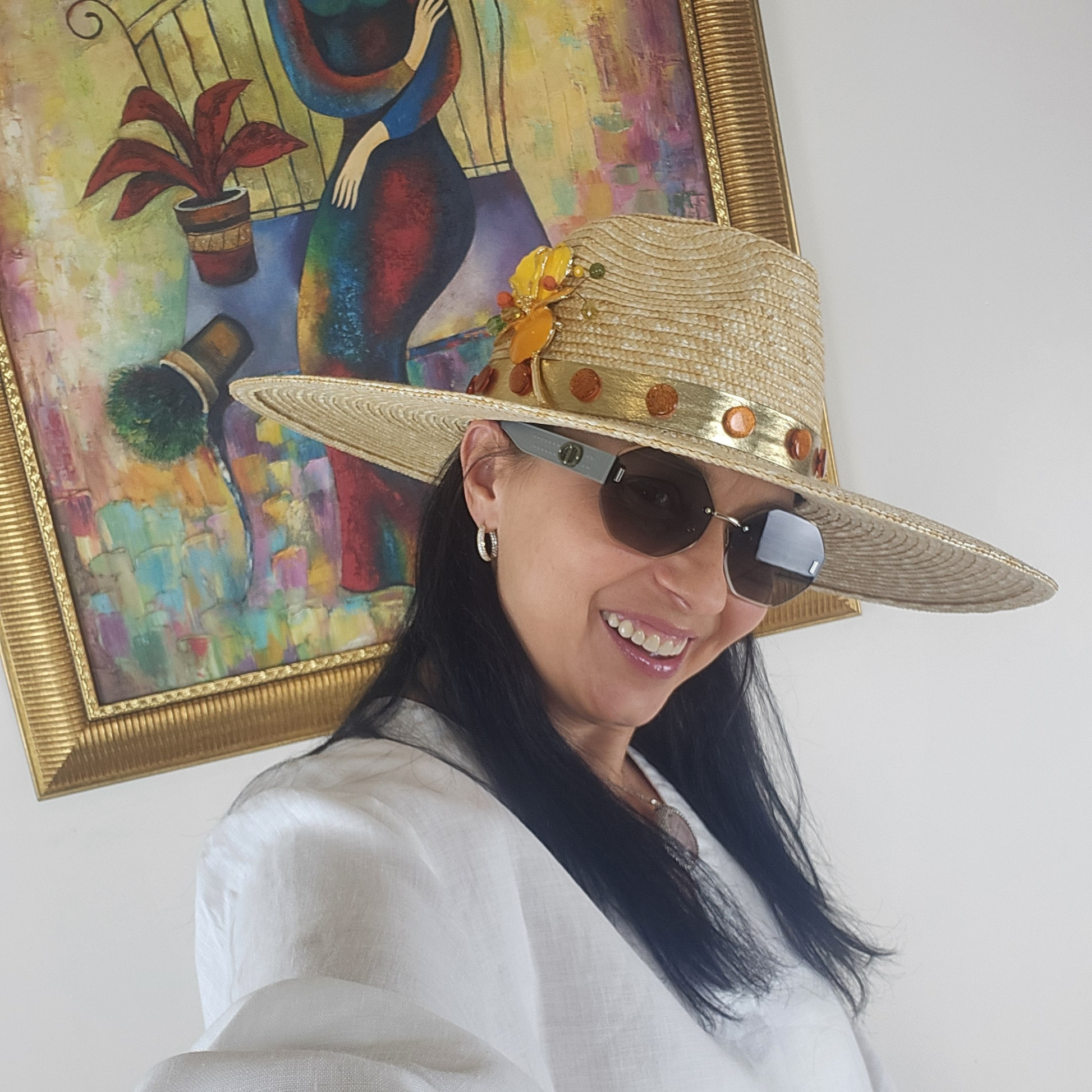 Golden Straw Fedora Hat with Yellow Flower Brooch  full-face view to the left