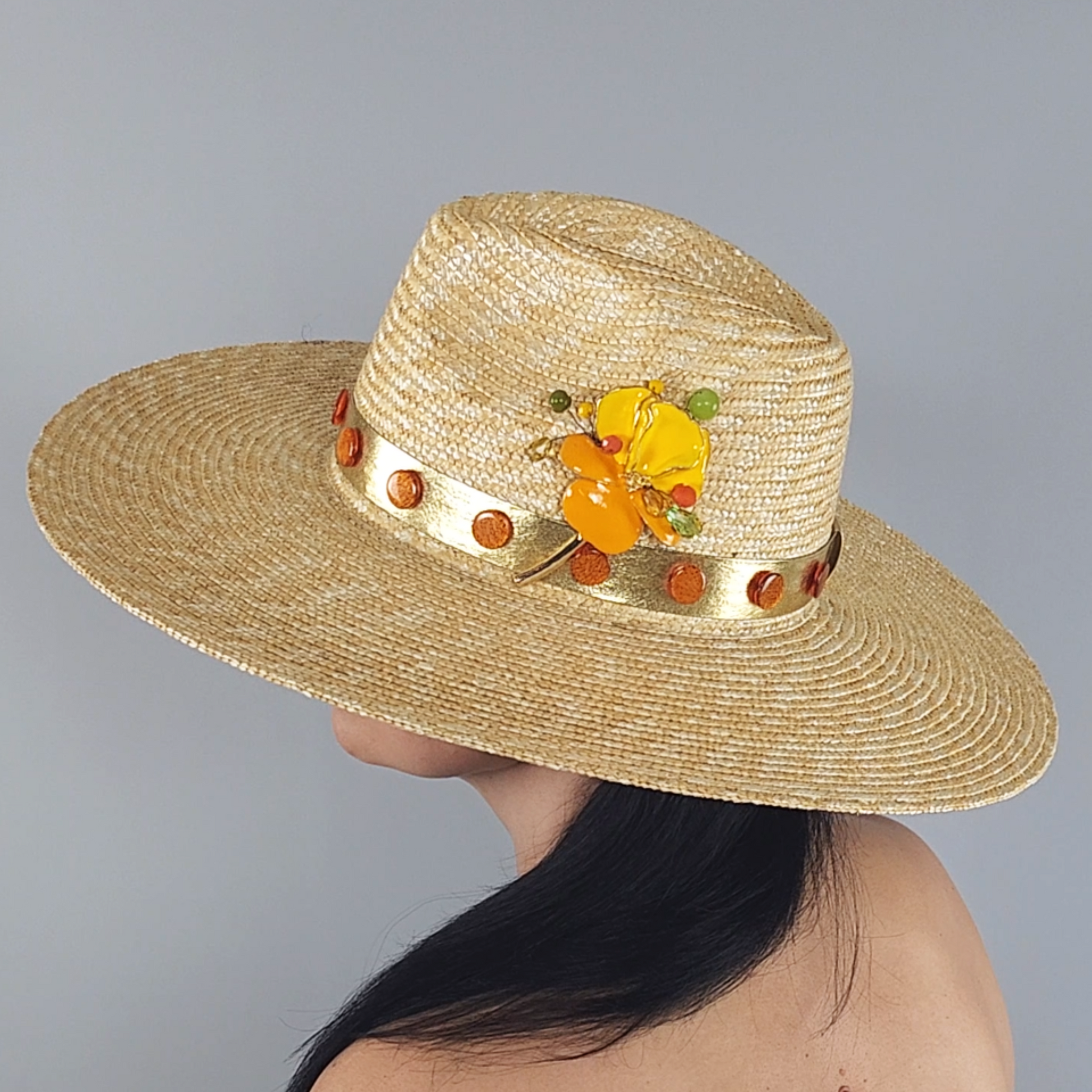 Golden Straw Fedora Hat with Yellow Flower Brooch side view