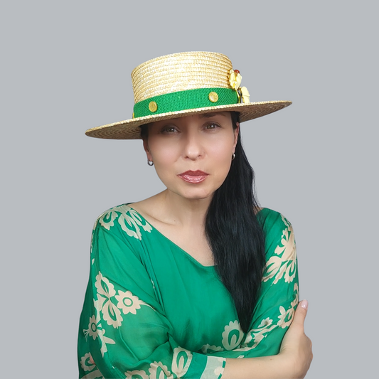 Golden Straw Hat with White Flower Brooch