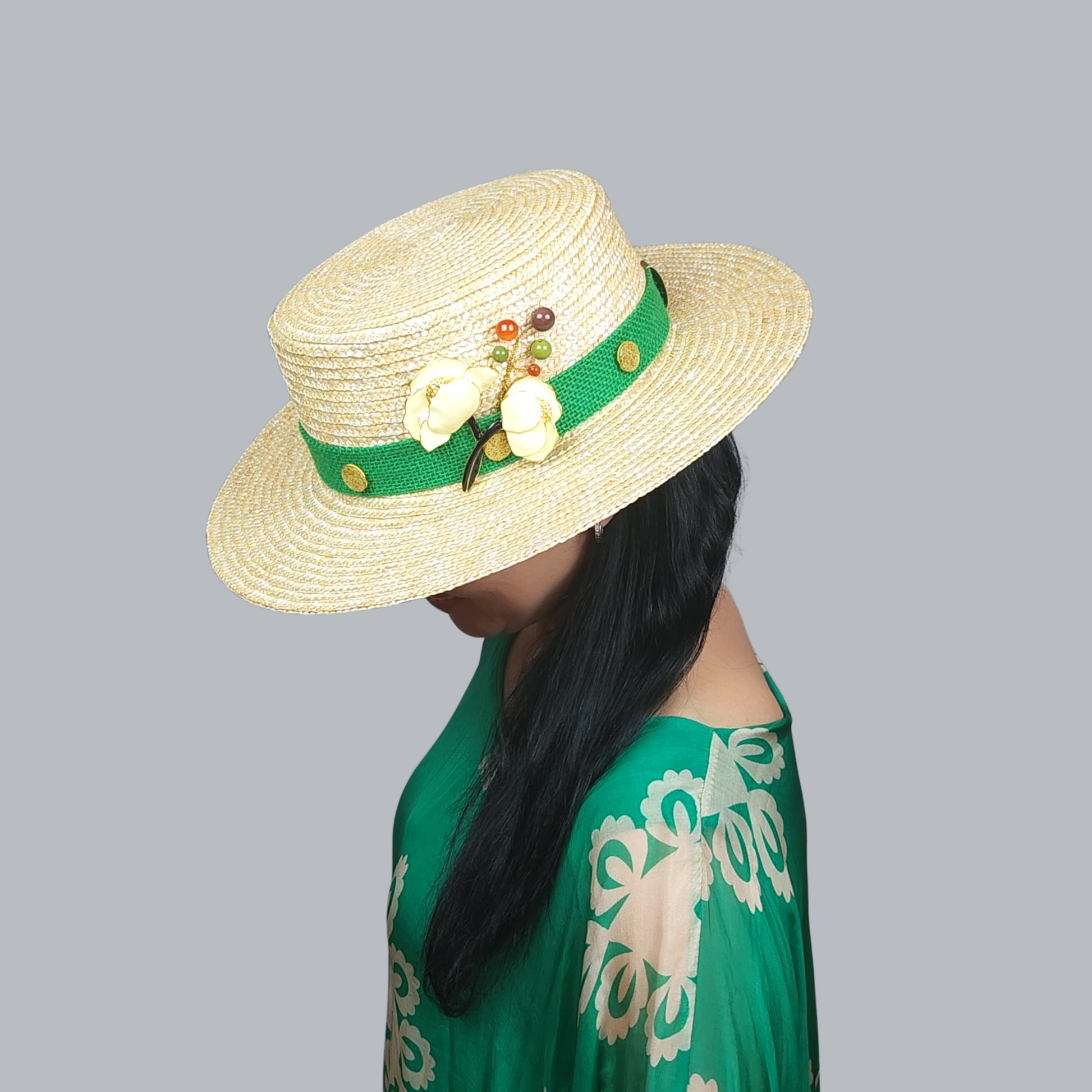 Golden Straw Hat with White Flower Brooch – Side View Brooch