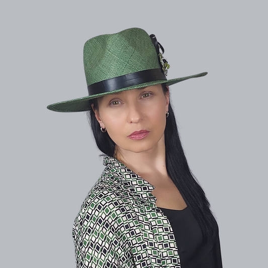 Green Straw Fedora Hat with Brooch frontal view
