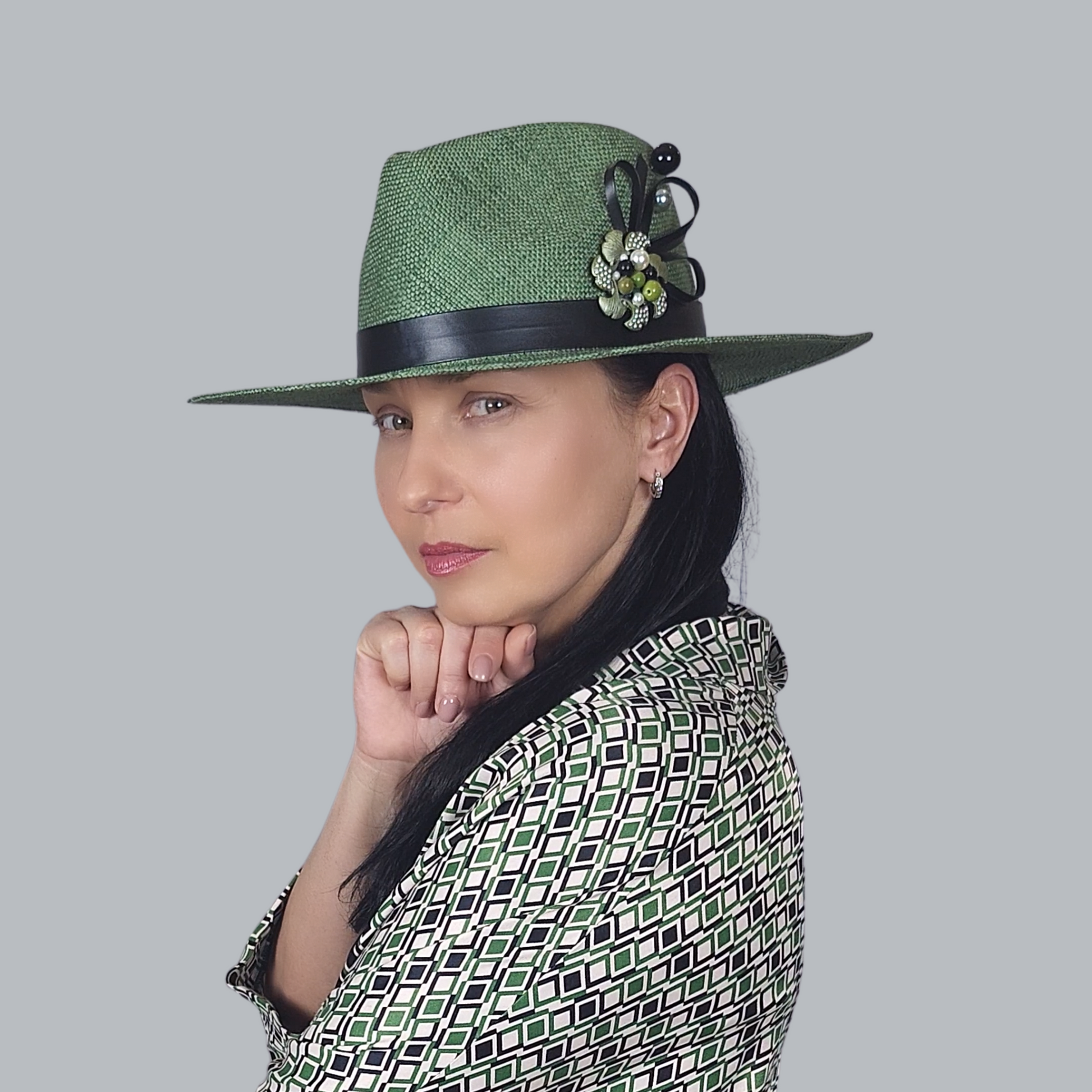 Green Straw Fedora Hat with Brooch full-face view