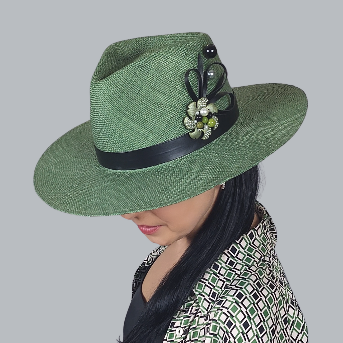 Green Straw Fedora Hat with Brooch close side view