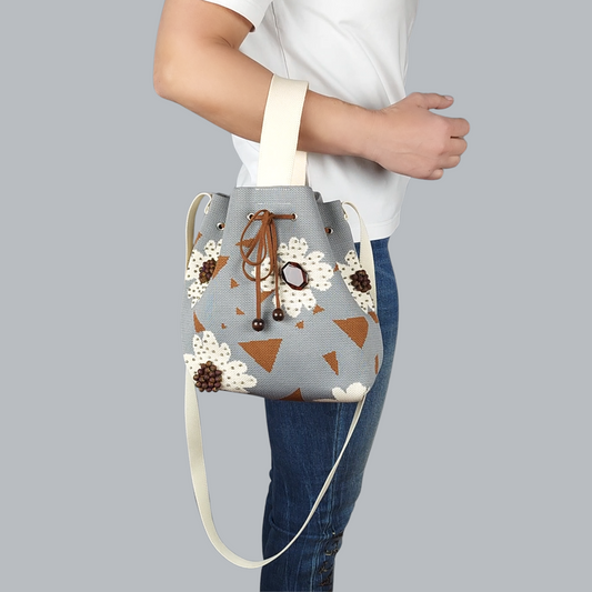 Grey-Beige Fabric Bag with Floral Pattern and Bead Trim-on the arm