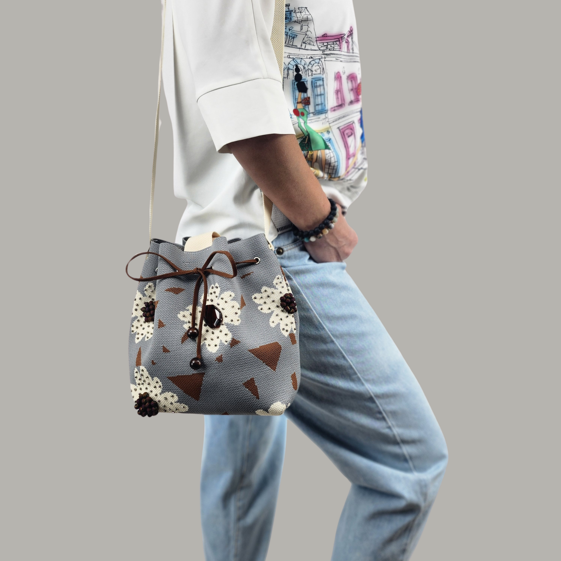 Grey-Beige Fabric Bag with Floral Pattern and Bead Trim-on the shoulder closer