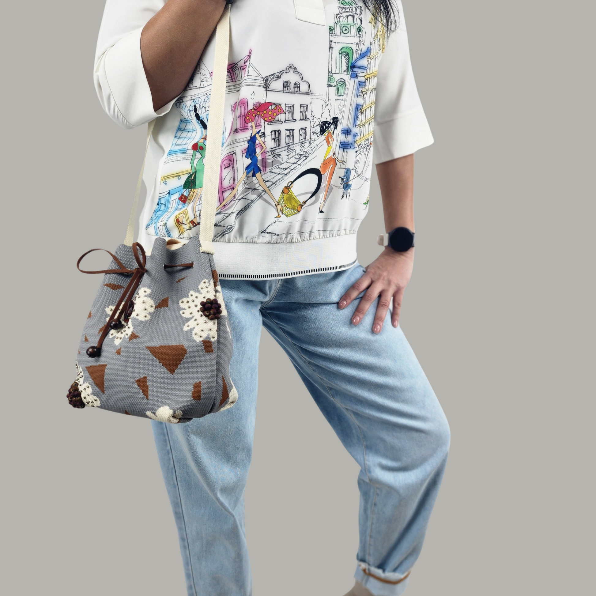 Grey-Beige Fabric Bag with Floral Pattern and Bead Trim-on the shoulder closer to half a turn