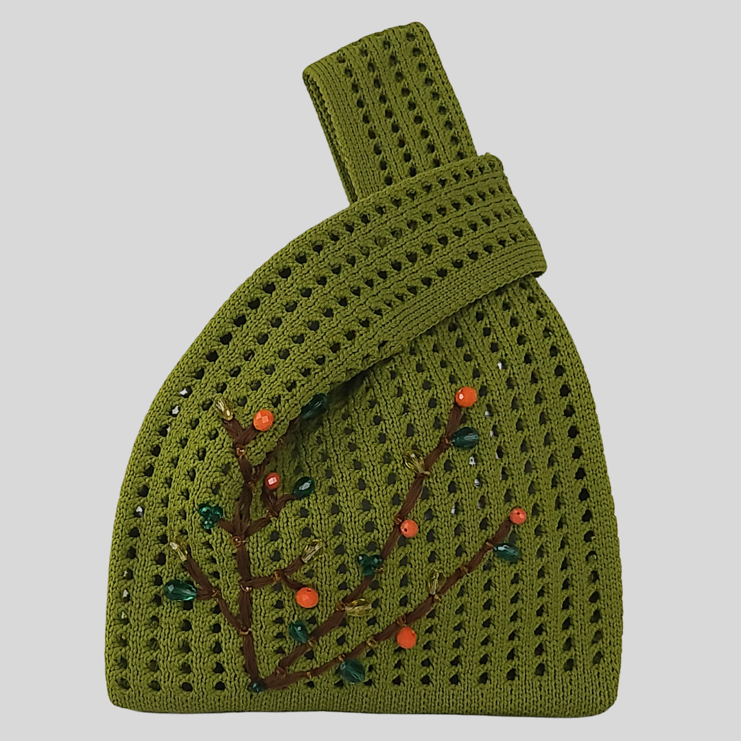 Olive Knitted Bag with Bead Embroidery-photo of the bag with the handles folded
