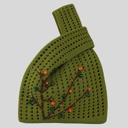 Olive Knitted Bag with Bead Embroidery-photo of the bag with the handles folded