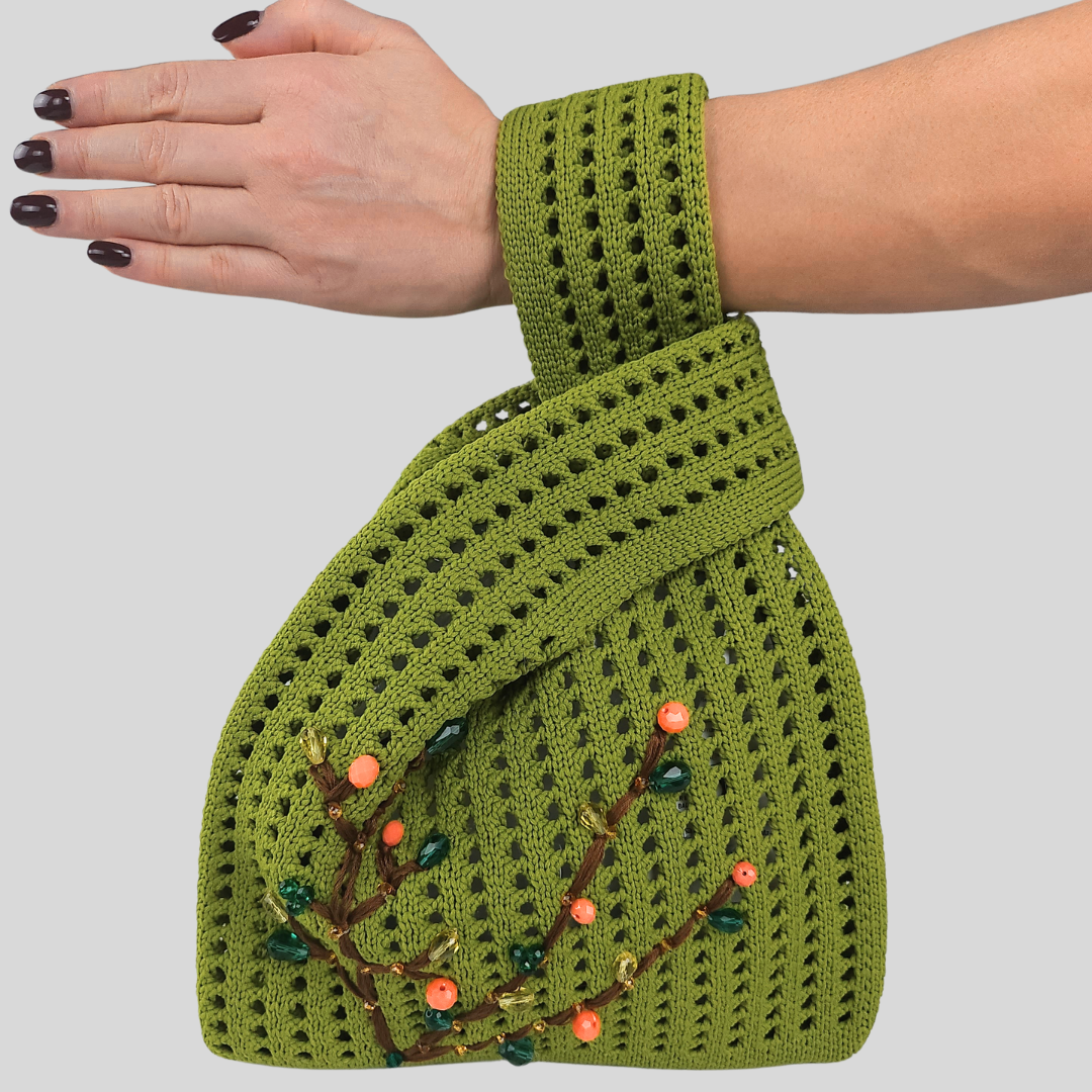 Olive Knitted Bag with Bead Embroidery-a picture of a handbag