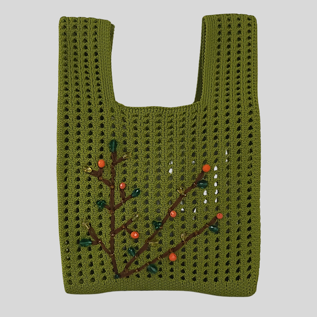 Olive Knitted Bag with Bead Embroidery-close-up photo