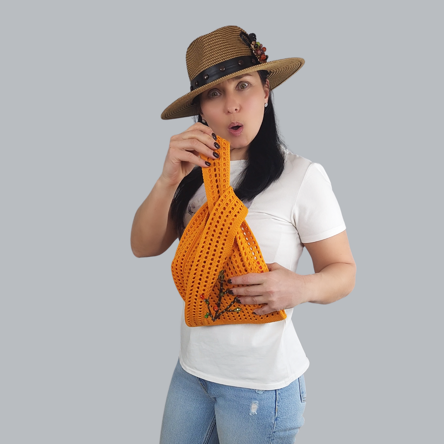 Orange Knitted Fabric Bag with Bead Embroidery-carry-on bag