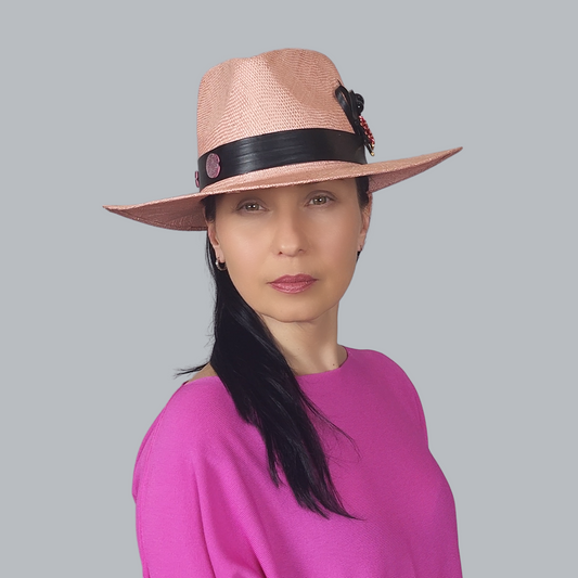 Pink Straw Fedora Hat with Brooch faceted