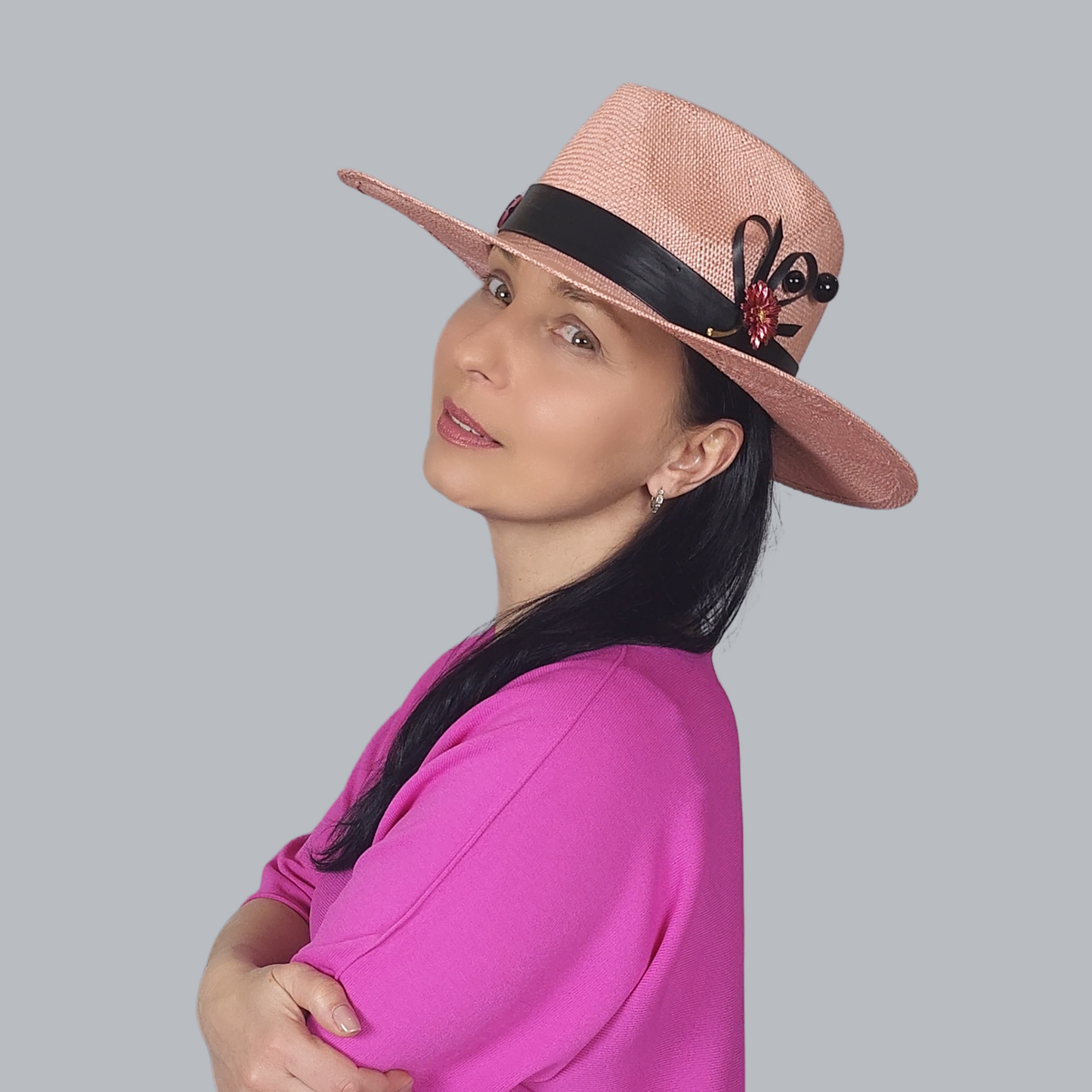 Pink Straw Fedora Hat with Brooch in profile