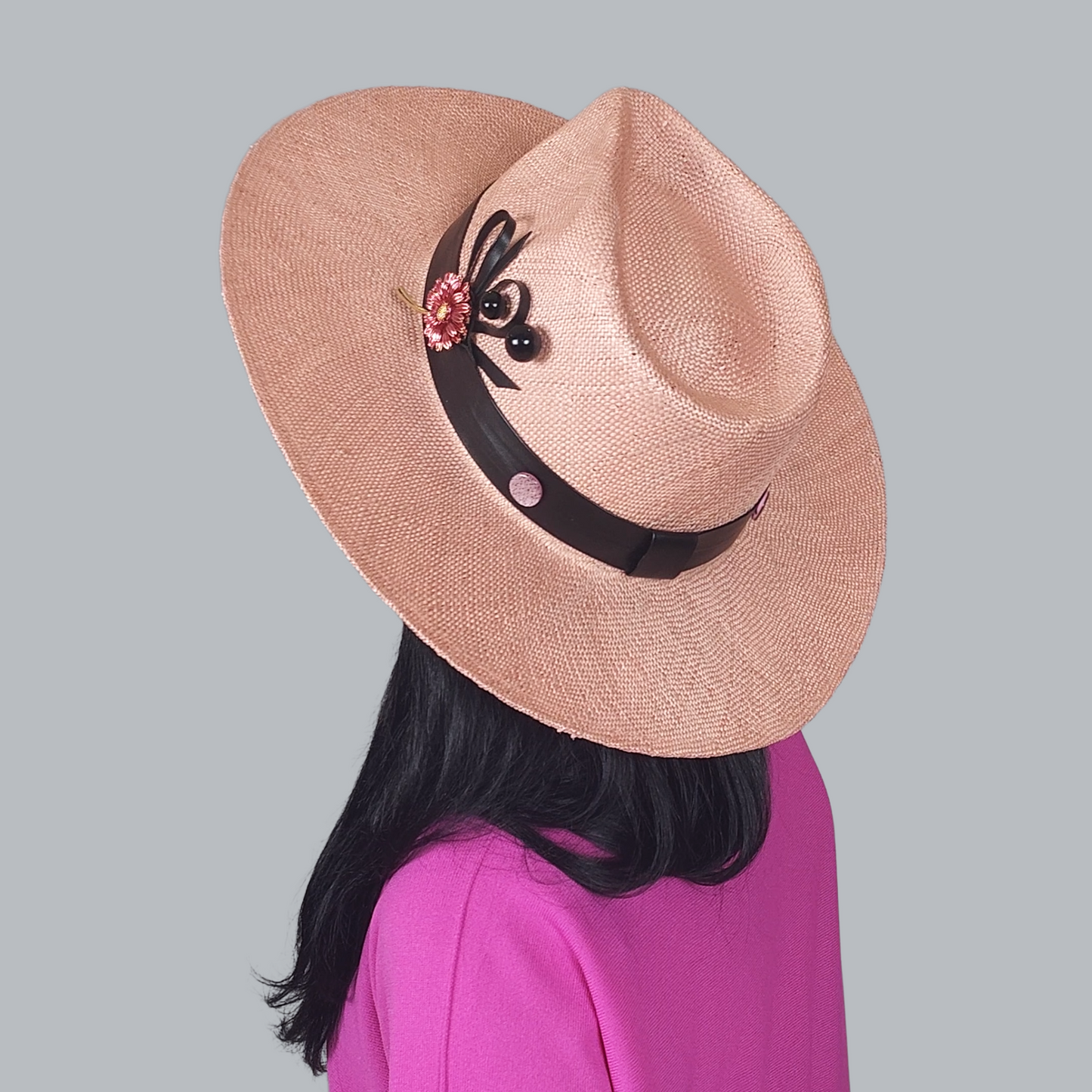 Pink Straw Fedora Hat with Brooch  close up rear view