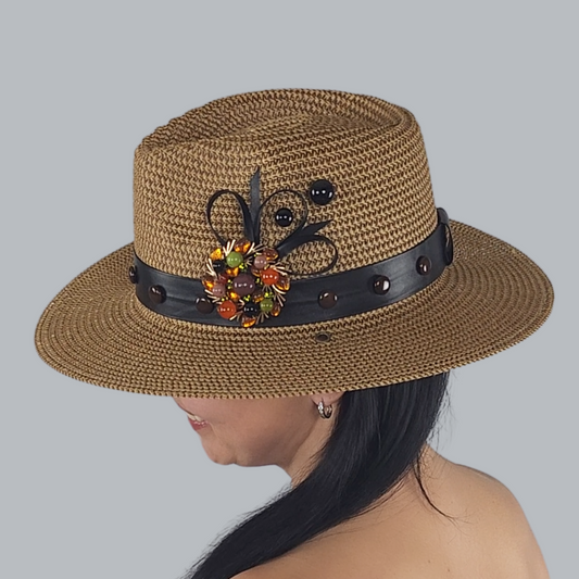 Stylish Brown Straw Fedora Hat approximate view  