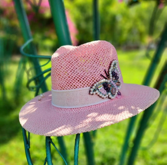 Pink Straw Hat Handmade Fedora Collection Butterfly in a single copy