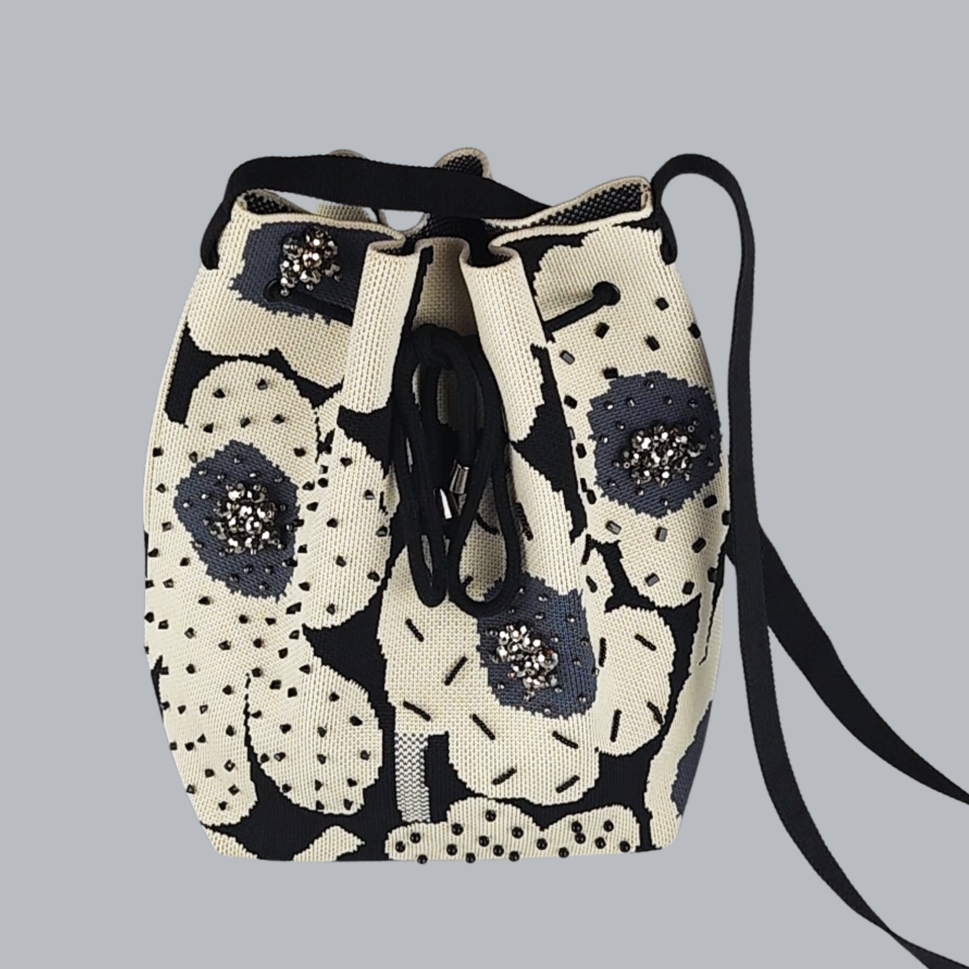 White Black Fabric Bag with Beads-close-up photo