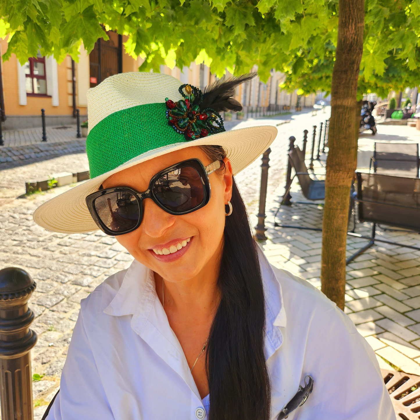 White Straw Fedora Hat with Feather Trim-a picture of the hat on Tatiana