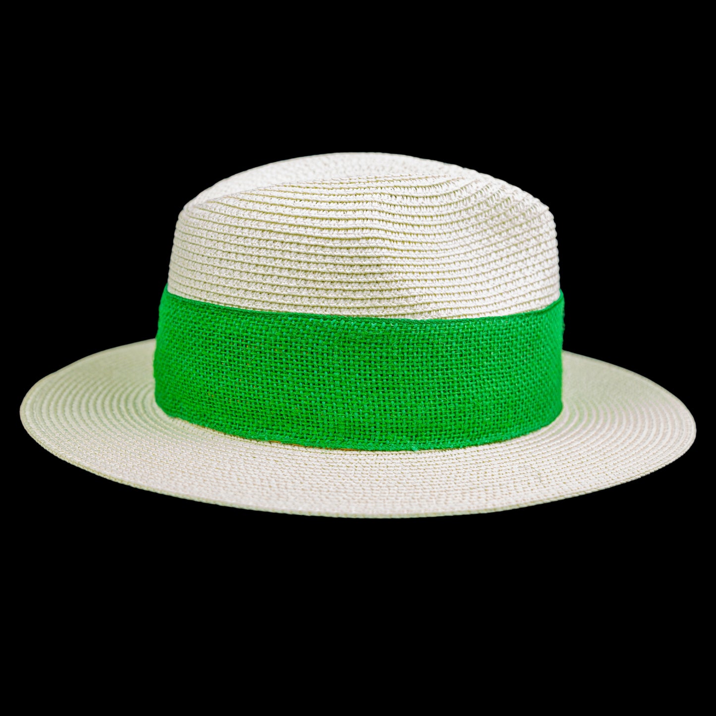 White Straw Fedora Hat with Feather Trim-photo of the hat from behind