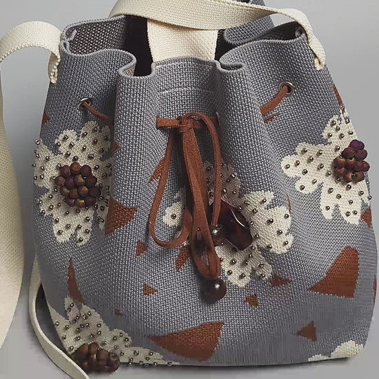Grey-Beige Fabric Bag with Floral Pattern and Bead Trim-close up video of the finish